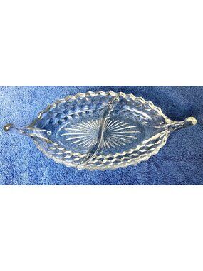 Vintage American Fostoria 2056 Clear Divided Glass Relish Handled Dish 11 3/4" L